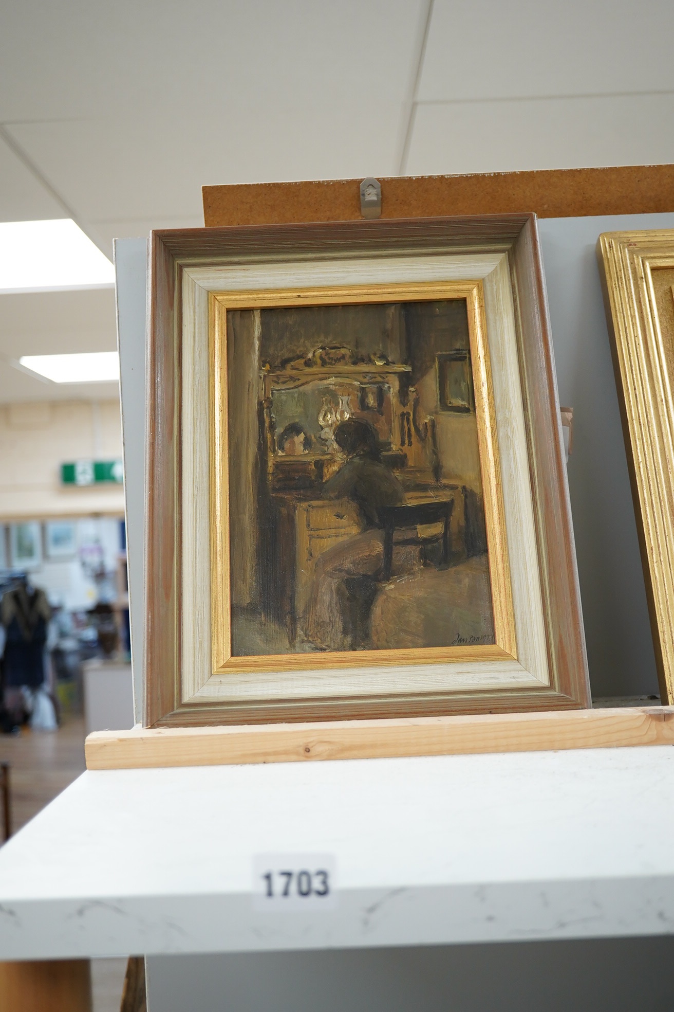 Edward Dawson (b.1941), oil on board, 'Girl at the mirror', signed and dated 1973, 24 x 16cm. Condition - good